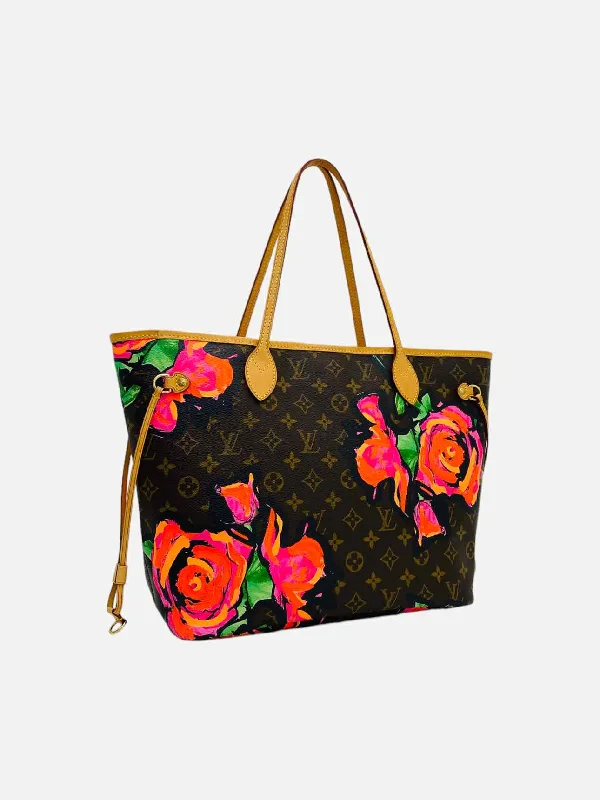 Small - sized Louis Vuitton Pochette Metis bags for a compact carryLOUIS VUITTON Roses Neverfull Brown w/ Pink Tote Bag