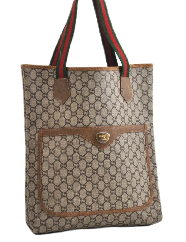 Ladies Gucci Dionysus bags with a detachable shoulder strapAuthentic GUCCI Web Sherry Line GG Plus Tote Bag PVC Leather Brown K4853