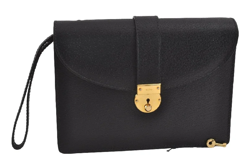 Ladies Gucci shoulder bags with a single - handle designAuthentic GUCCI Vintage Clutch Hand Bag Purse Leather Black 2155I