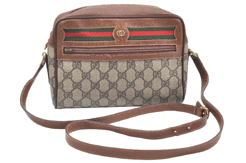 Ladies Gucci shoulder bags with a wide - width strapAuthentic GUCCI Web Sherry Line Shoulder Cross Bag GG PVC Leather Brown K4241