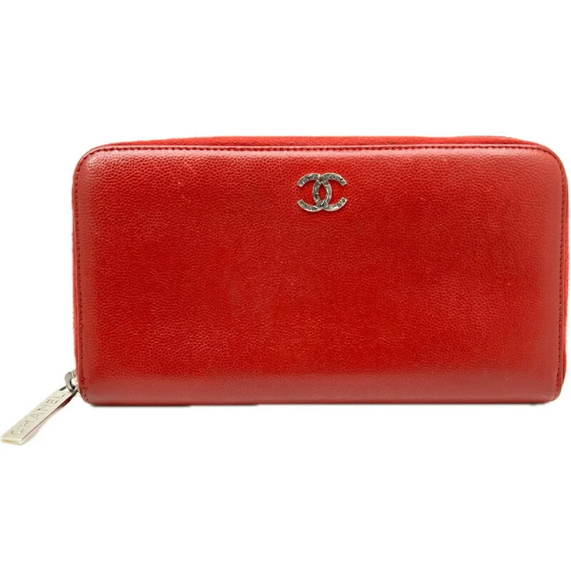 Chanel Designer Handbag with Unique DesignCHANEL Chanel Round Long Wallet Caviar Skin Red Leather Women's Men's