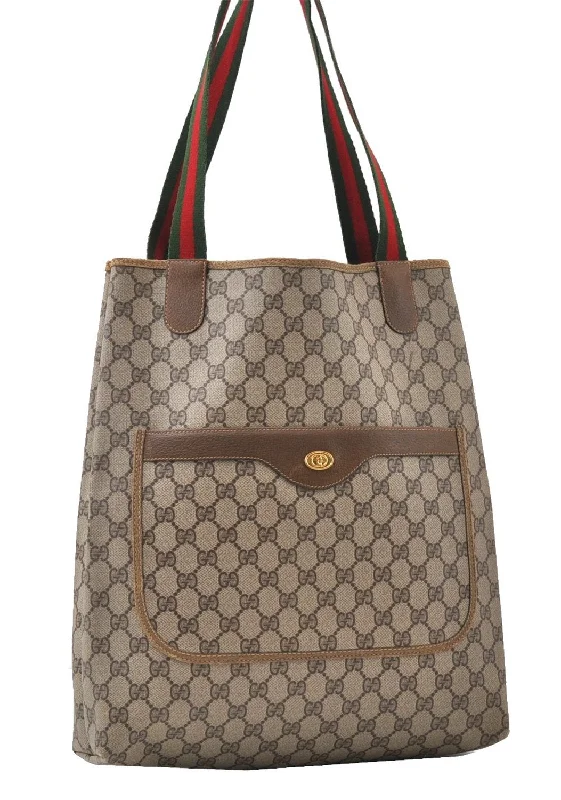 Women Gucci bags with a detachable mirror insideAuthentic GUCCI Web Sherry Line Shoulder Tote Bag GG PVC Leather Brown K4971