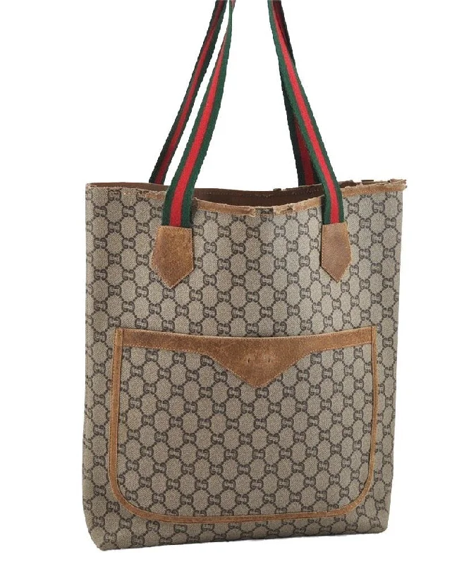 Gucci tote bags for women with a printed Gucci logoAuthentic GUCCI Web Sherry Line GG Plus Tote Bag GG PVC Leather Brown 2058I