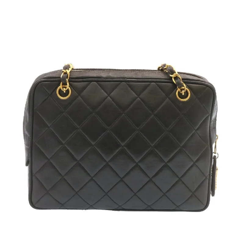 Chanel Quilted Leather Shoulder Bag for FashionistasCHANEL Lamb Skin Matelasse Chain Shoulder Bag Black Gold CC  26128A