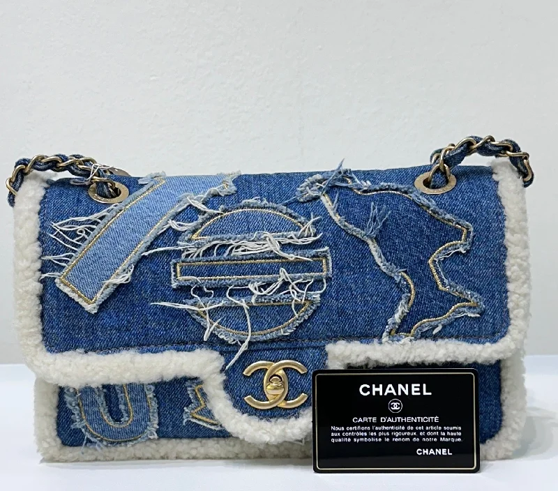 Chanel Chain Strap Handbag for Everyday UseCHANEL Denim Shearling Hieroglyph Flap Blue