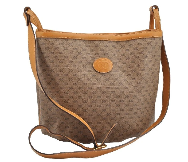 Women Gucci crossbody bags with a woven leather strapAuthentic GUCCI Micro GG PVC Leather Shoulder Cross Body Bag Brown Junk 1603I