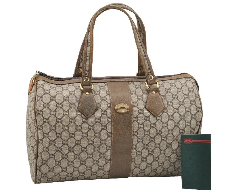 Women Gucci bags with a snap - button closure and a decorative charmAuthentic GUCCI Vintage GG Plus Hand Boston Bag GG PVC Leather Brown Junk 2500I