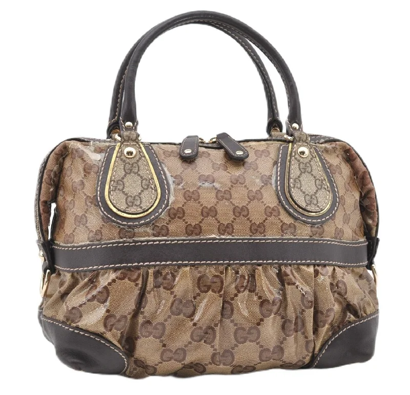 Gucci Marmont bags for women with gold - toned hardwareAuthentic GUCCI GG Crystal Hand Boston Bag PVC Leather 223962 Brown K4722