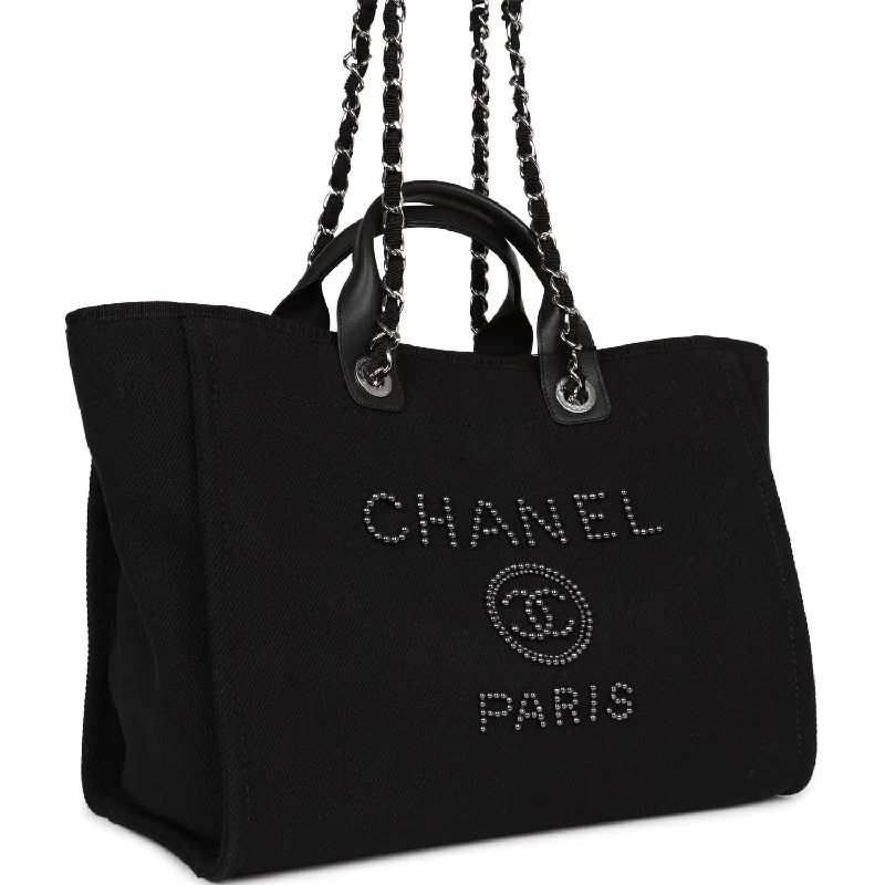 Chanel Luxury Handbag for High - End EventsChanel Large Deauville Shopping Bag Imitation Pearl and Black Canvas Silver Hardware