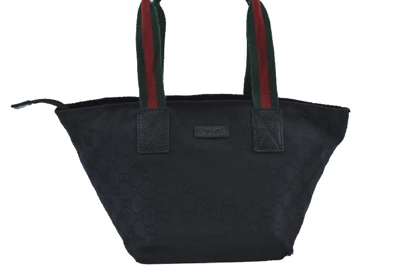 Gucci handbags for women with a back - zip pocketAuthentic GUCCI Web Sherry Line Tote Bag GG Canvas Leather 131228 Black 2016I