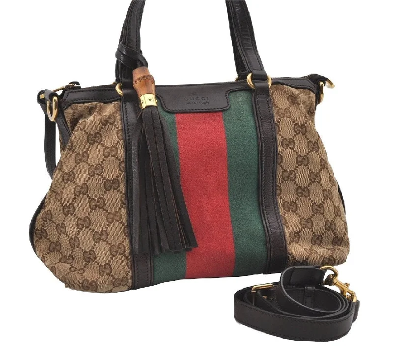 Women Gucci crossbody bags in a bold red colorAuth GUCCI Web Sherry Line Bamboo 2Way Hand Bag GG Canvas Leather Brown 1898I