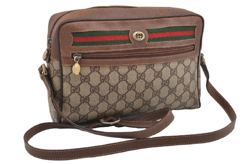 Women Gucci Sylvie bags with a leather - wrapped handleAuthentic GUCCI Web Sherry Line Shoulder Cross Bag GG PVC Leather Brown K4692