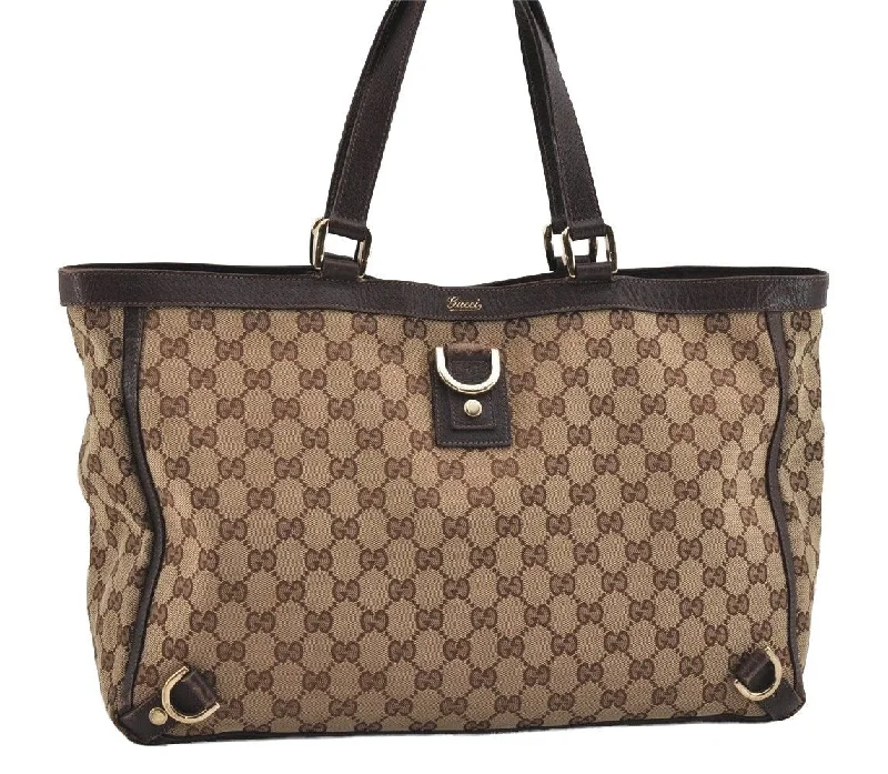 Ladies Gucci shoulder bags with a wide - width strapAuthentic GUCCI Abbey Tote Hand Bag GG Canvas Leather 141472 Brown 1144I