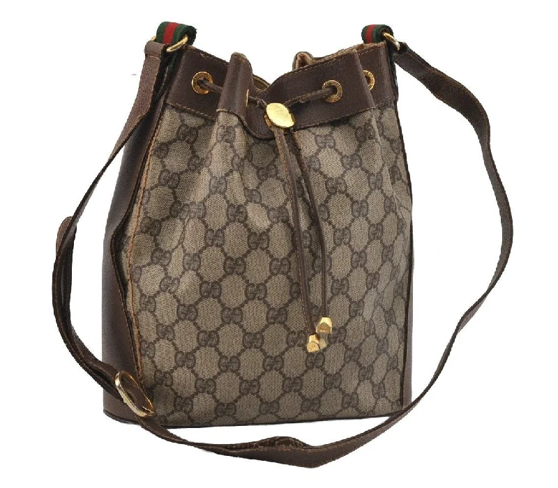 Small - sized Women Gucci shoulder bags for evening outingsAuthentic GUCCI Web Sherry Line Drawstring Bag GG PVC Leather Brown 1929I