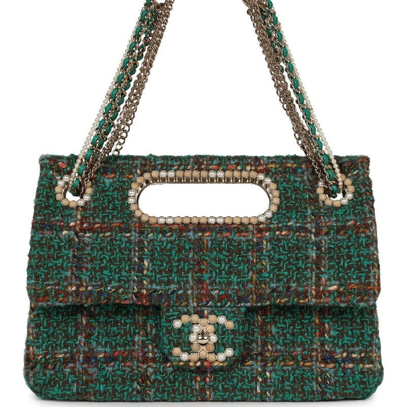 Chanel All - Match Handbag for Versatile StylingChanel Large Double Flap Bag with Cut Out Handle and Multi Chain Green Tweed Gold Hardware