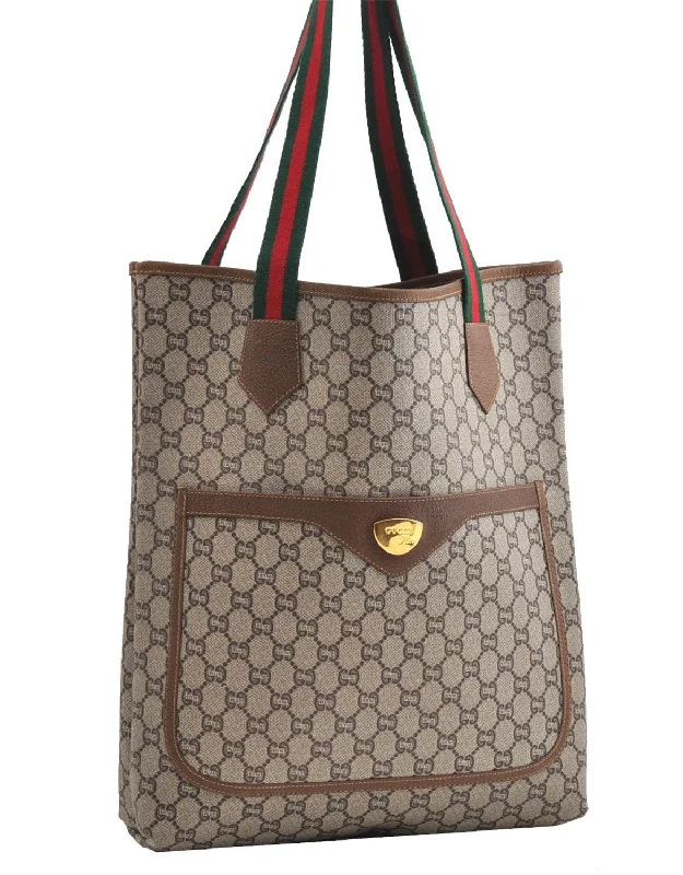 Gucci Marmont bags for women with a snakeskin - effect panelAuthentic GUCCI Web Sherry Line GG Plus Tote Bag PVC Leather Brown K4849