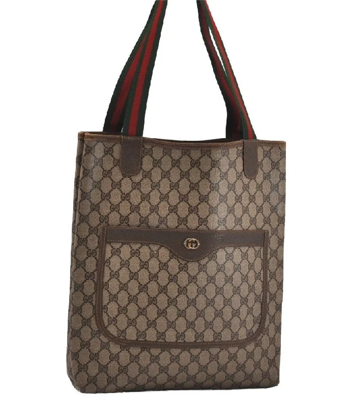 Gucci tote bags for women with a spacious interiorAuthentic GUCCI Web Sherry Line Shoulder Tote Bag GG PVC Leather Brown 2098I