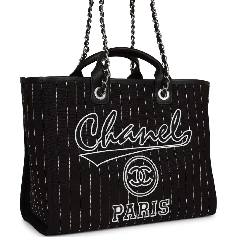 Chanel Medium Tote Bag for Office LadiesChanel Large Deauville Shopping Bag Black and White Pinstripe Ruthenium Hardware