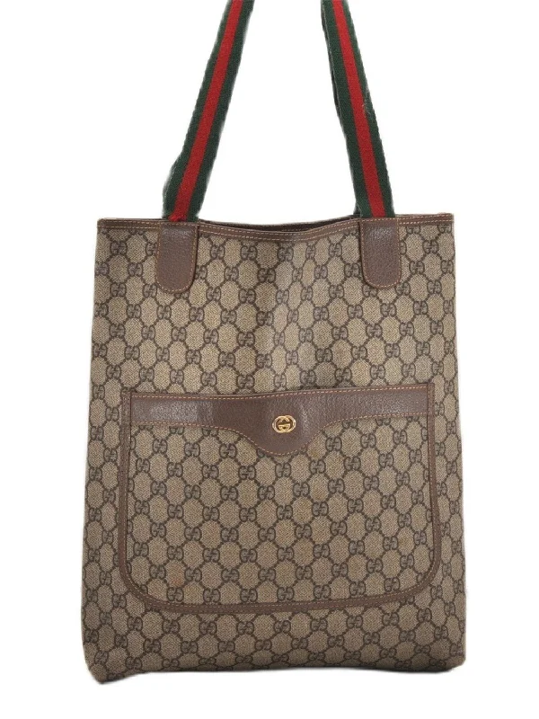 Women Gucci Sylvie bags with a leather - wrapped handleAuthentic GUCCI Web Sherry Line Shoulder Tote Bag GG PVC Leather Brown K5002