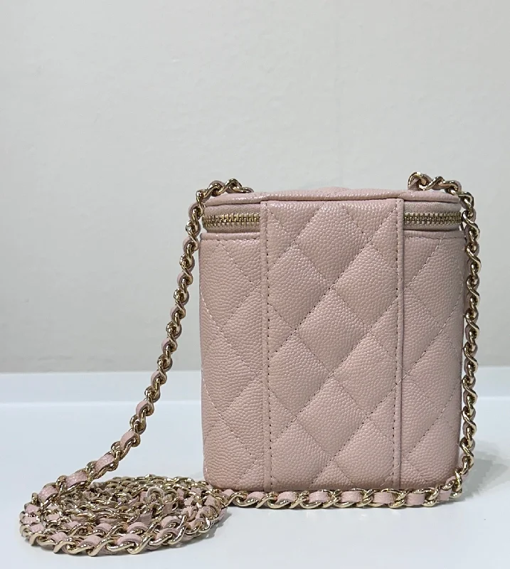 Chanel Colorful Handbag for Spring OutfitsCHANEL Caviar Quilted Small Vertical Coco Beauty Vanity Case With Chain Light Pink