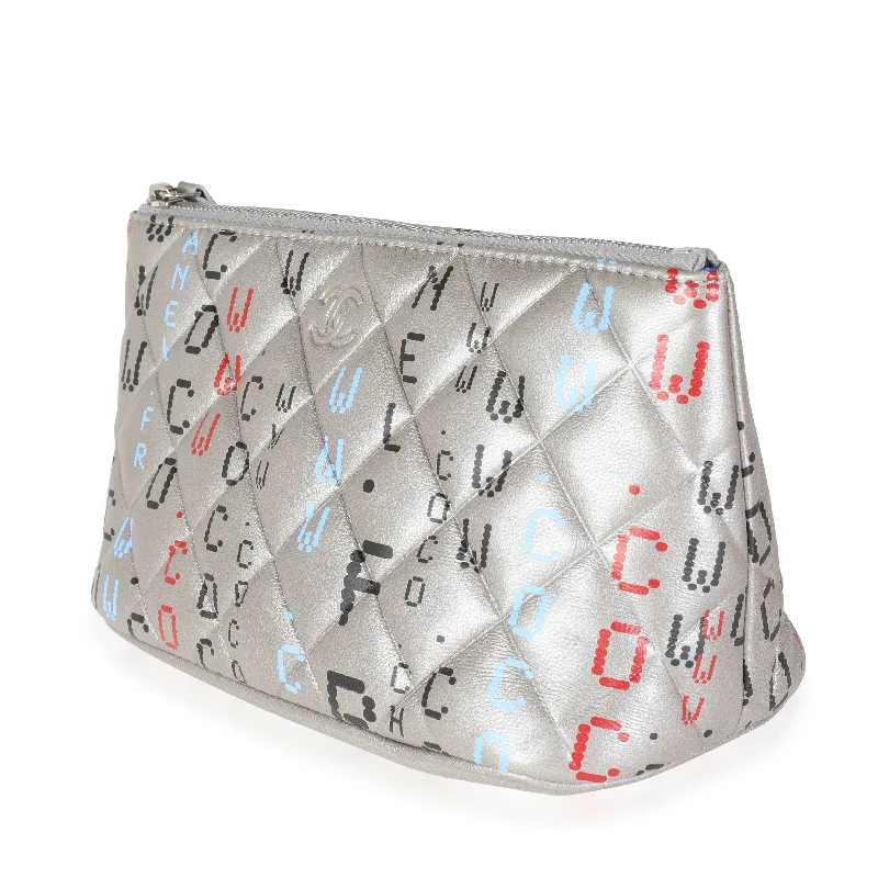 Chanel All - Match Handbag for Versatile StylingChanel Limited Edition Silver Quilted Lambskin Data Center Print Zip Pouch