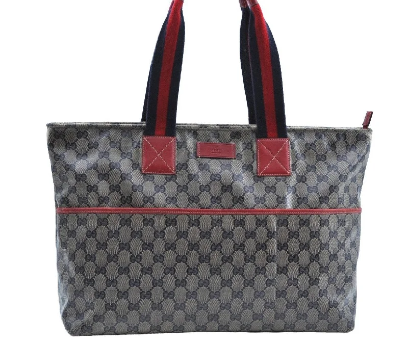 Women Gucci Sylvie bags with a leather - wrapped handleAuthentic GUCCI Sherry Line GG Crystal Tote Bag PVC Leather 155524 Navy K4452