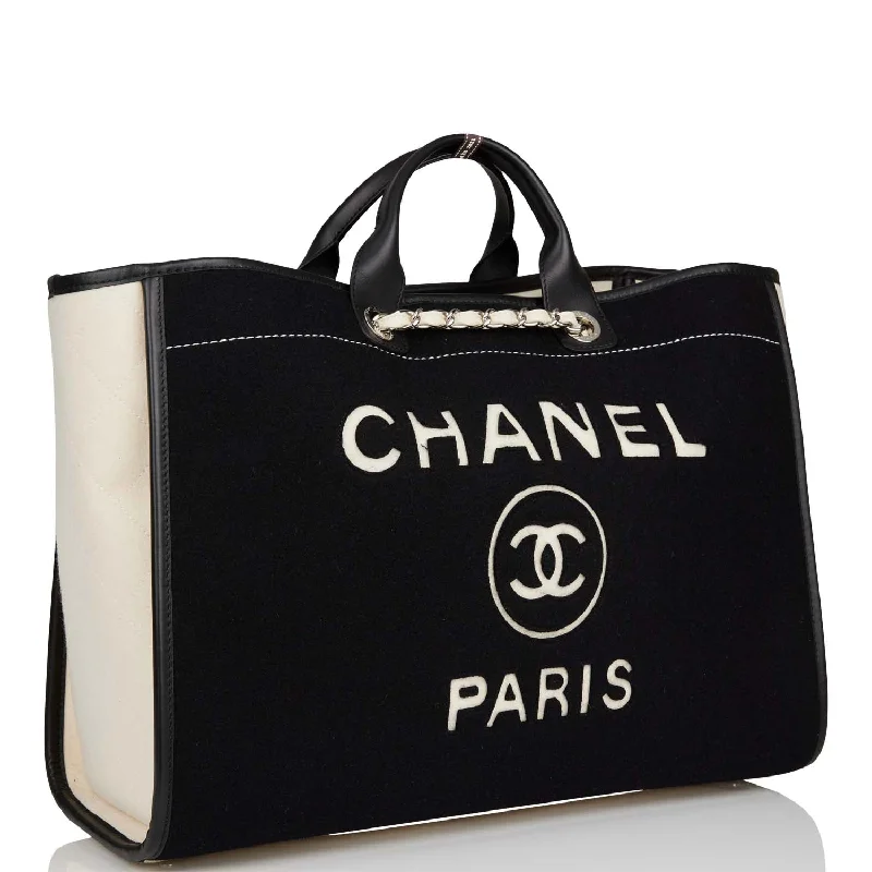 Chanel New Arrival Handbag with Gold HardwareChanel Large Deauville Shopping Bag Black and White Wool Silver Hardware