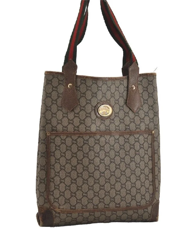 Gucci Marmont bags for women with gold - toned hardwareAuthentic GUCCI Web Sherry Line GG Plus Vintage Tote Bag PVC Leather Brown 2533I