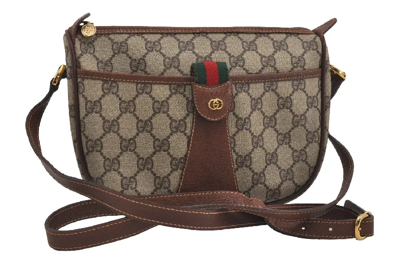 Gucci backpacks for women with a hidden back pocketAuthentic GUCCI Web Sherry Line Shoulder Cross Bag GG PVC Leather Brown 2077I