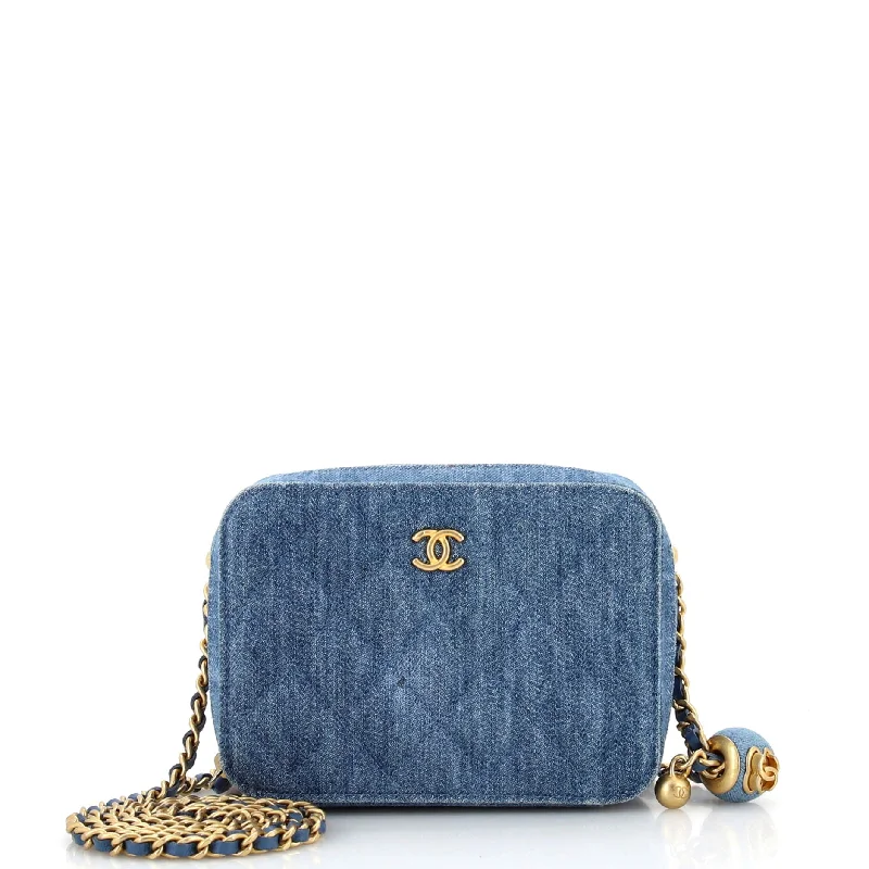 Christian Dior handbags with a detachable mirror for on - the - go touch - upsPearl Crush Zip Around Vanity Case with Chain Quilted Denim Mini