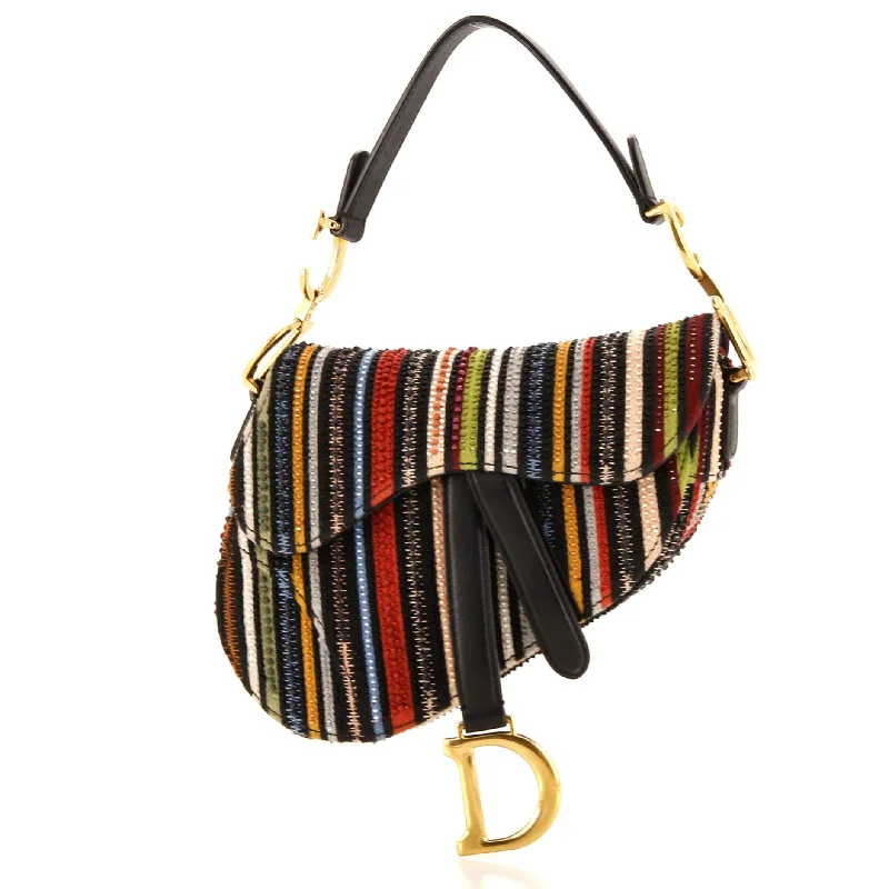 Christian Dior Saddle bags with a distressed leather finishSaddle Handbag Embroidered Striped Canvas Mini