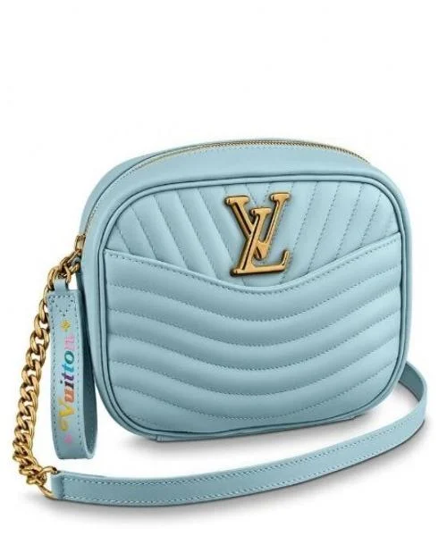 Louis Vuitton bags with a chain - link trim and a leather body for a modern edgeLouis Vuitton New Wave Camera Bag Bleu Porcelaine